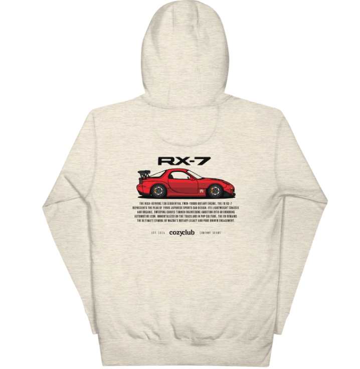 Back / Main Graphic Image:

Streetwear hoodie featuring Mazda RX-7 FD3S vector line art on back with 13B rotary engine typography

Front Chest Detail / Pocket Logo:

Close up front chest logo on Mazda RX-7 FD3S rotary graphic hoodie

Lifestyle / Model Shot:

Model wearing Mazda RX-7 FD3S vintage JDM rotary graphic hoodie

Flat Lay / Folded View:

Folded hoodie displaying Mazda RX-7 FD3S graphic print and Cozy Club brand neck tag