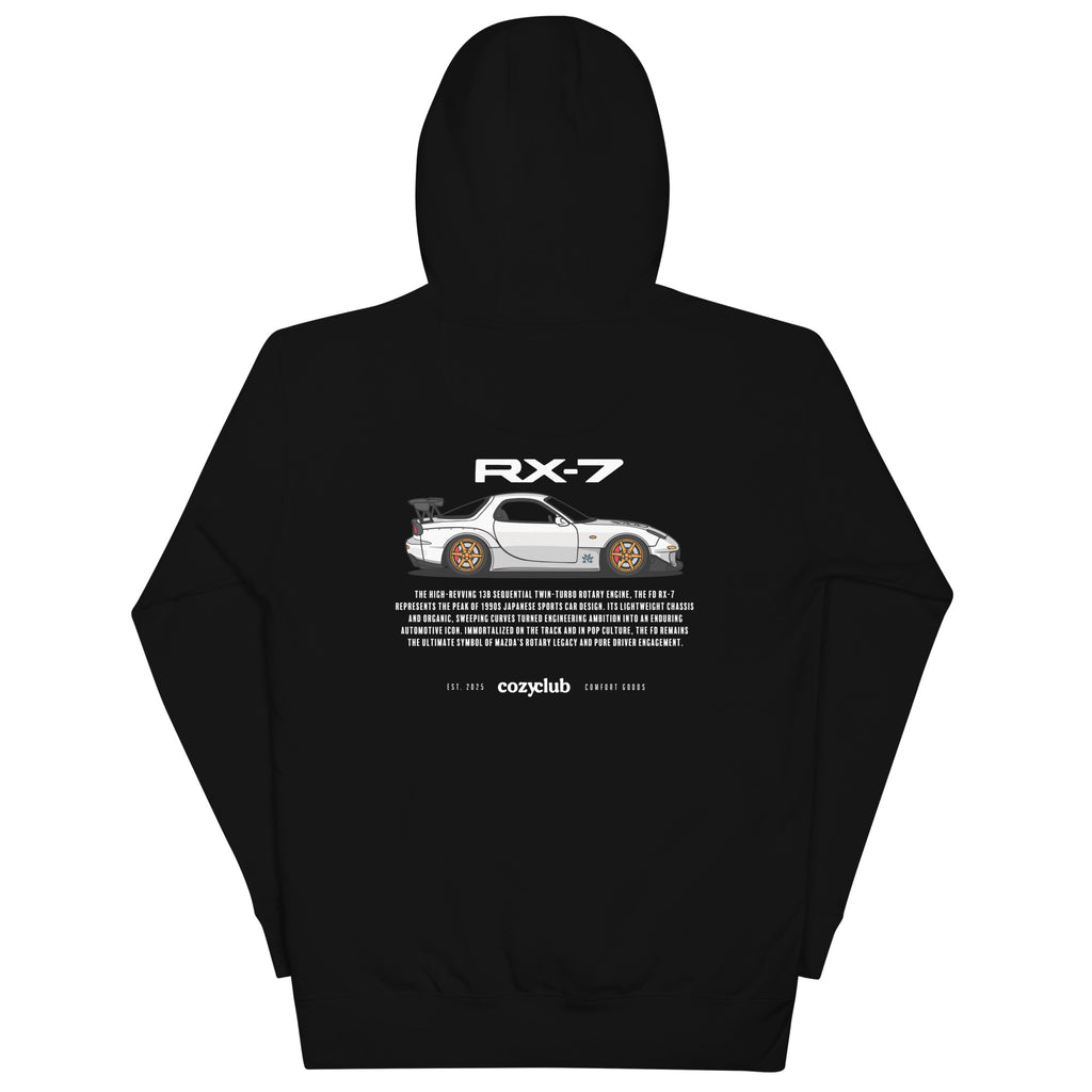 Back / Main Graphic Image:

Streetwear hoodie featuring Mazda RX-7 FD3S vector line art on back with 13B rotary engine typography

Front Chest Detail / Pocket Logo:

Close up front chest logo on Mazda RX-7 FD3S rotary graphic hoodie

Lifestyle / Model Shot:

Model wearing Mazda RX-7 FD3S vintage JDM rotary graphic hoodie

Flat Lay / Folded View:

Folded hoodie displaying Mazda RX-7 FD3S graphic print and Cozy Club brand neck tag