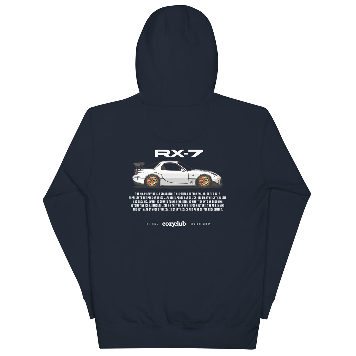 Back / Main Graphic Image:

Streetwear hoodie featuring Mazda RX-7 FD3S vector line art on back with 13B rotary engine typography

Front Chest Detail / Pocket Logo:

Close up front chest logo on Mazda RX-7 FD3S rotary graphic hoodie

Lifestyle / Model Shot:

Model wearing Mazda RX-7 FD3S vintage JDM rotary graphic hoodie

Flat Lay / Folded View:

Folded hoodie displaying Mazda RX-7 FD3S graphic print and Cozy Club brand neck tag