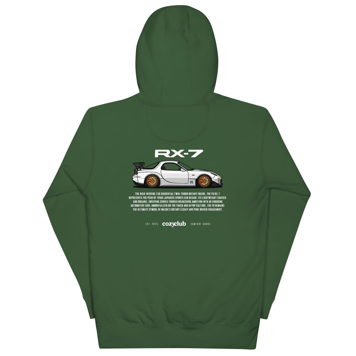 Back / Main Graphic Image:

Streetwear hoodie featuring Mazda RX-7 FD3S vector line art on back with 13B rotary engine typography

Front Chest Detail / Pocket Logo:

Close up front chest logo on Mazda RX-7 FD3S rotary graphic hoodie

Lifestyle / Model Shot:

Model wearing Mazda RX-7 FD3S vintage JDM rotary graphic hoodie

Flat Lay / Folded View:

Folded hoodie displaying Mazda RX-7 FD3S graphic print and Cozy Club brand neck tag
