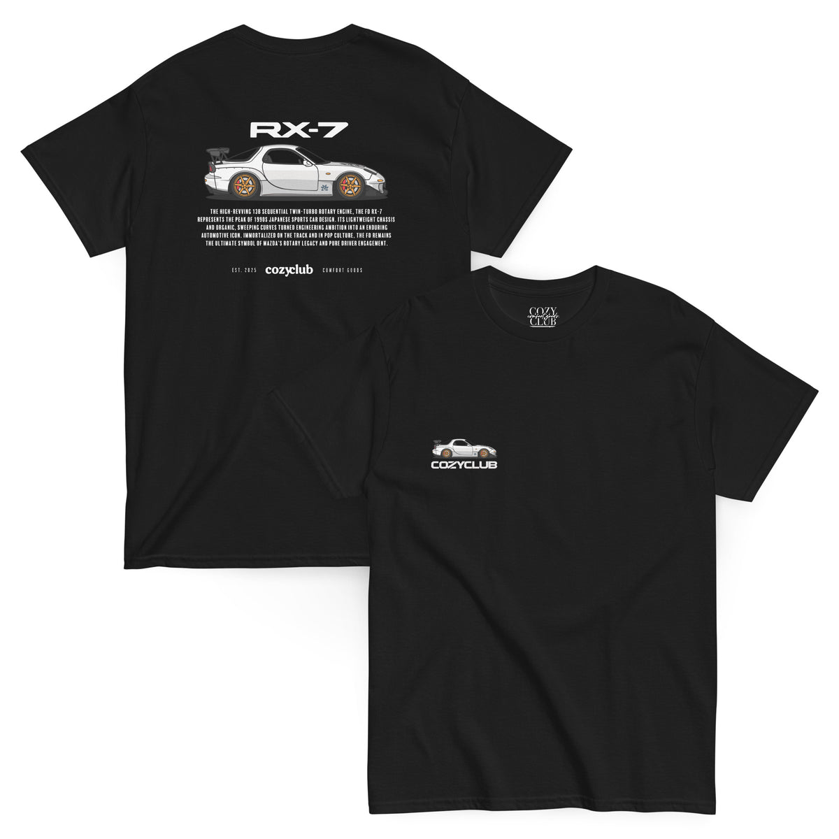 Back / Main Graphic Image:

Streetwear t-shirt featuring Mazda RX-7 FD3S vector line art on back with 13B rotary engine typography

Front Chest Detail / Pocket Logo:

Close up front chest logo on Mazda RX-7 FD3S rotary graphic tee

Lifestyle / Model Shot:

Model wearing Mazda RX-7 FD3S vintage JDM rotary graphic t-shirt

Flat Lay / Folded View:

Folded t-shirt displaying Mazda RX-7 FD3S graphic print and Cozy Club brand neck tag