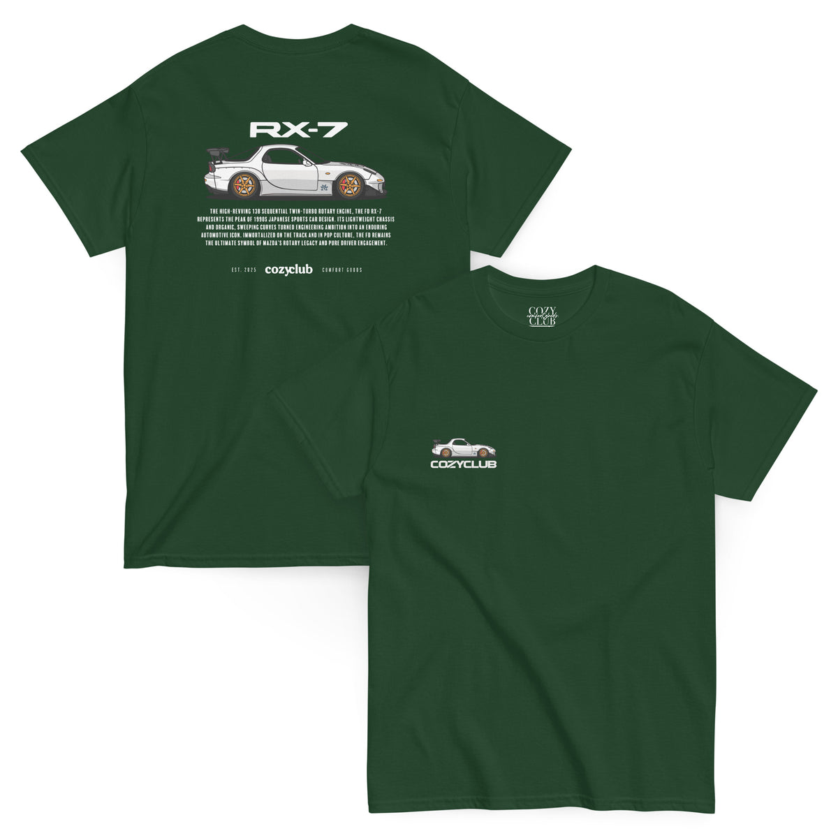 Back / Main Graphic Image:

Streetwear t-shirt featuring Mazda RX-7 FD3S vector line art on back with 13B rotary engine typography

Front Chest Detail / Pocket Logo:

Close up front chest logo on Mazda RX-7 FD3S rotary graphic tee

Lifestyle / Model Shot:

Model wearing Mazda RX-7 FD3S vintage JDM rotary graphic t-shirt

Flat Lay / Folded View:

Folded t-shirt displaying Mazda RX-7 FD3S graphic print and Cozy Club brand neck tag
