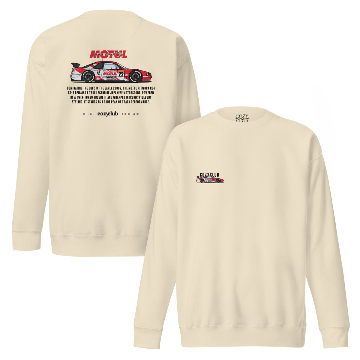 Back / Main Graphic Image:

Streetwear sweatshirt featuring Motul Pitwork R34 GT-R JGTC GT500 race car vector line art on back with technical typography

Front Chest Detail / Pocket Logo:

Close up front chest logo on Motul Pitwork R34 GT-R racing graphic sweatshirt

Lifestyle / Model Shot:

Model wearing Motul Pitwork R34 GT-R vintage Japanese JGTC graphic sweatshirt

Flat Lay / Folded View:

Folded sweatshirt displaying Motul Pitwork R34 GT-R graphic print and Cozy Club brand neck tag