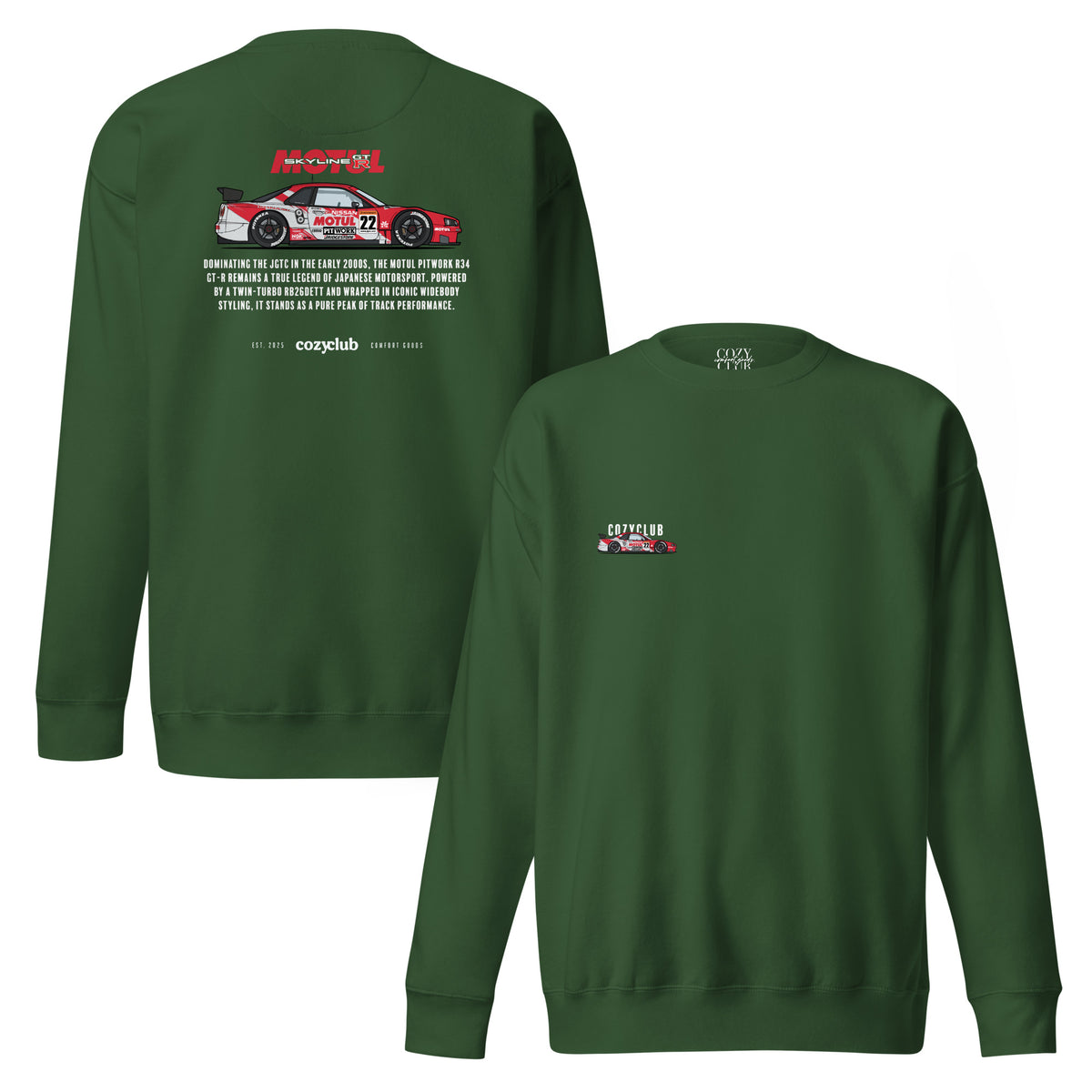 Back / Main Graphic Image:

Streetwear sweatshirt featuring Motul Pitwork R34 GT-R JGTC GT500 race car vector line art on back with technical typography

Front Chest Detail / Pocket Logo:

Close up front chest logo on Motul Pitwork R34 GT-R racing graphic sweatshirt

Lifestyle / Model Shot:

Model wearing Motul Pitwork R34 GT-R vintage Japanese JGTC graphic sweatshirt

Flat Lay / Folded View:

Folded sweatshirt displaying Motul Pitwork R34 GT-R graphic print and Cozy Club brand neck tag