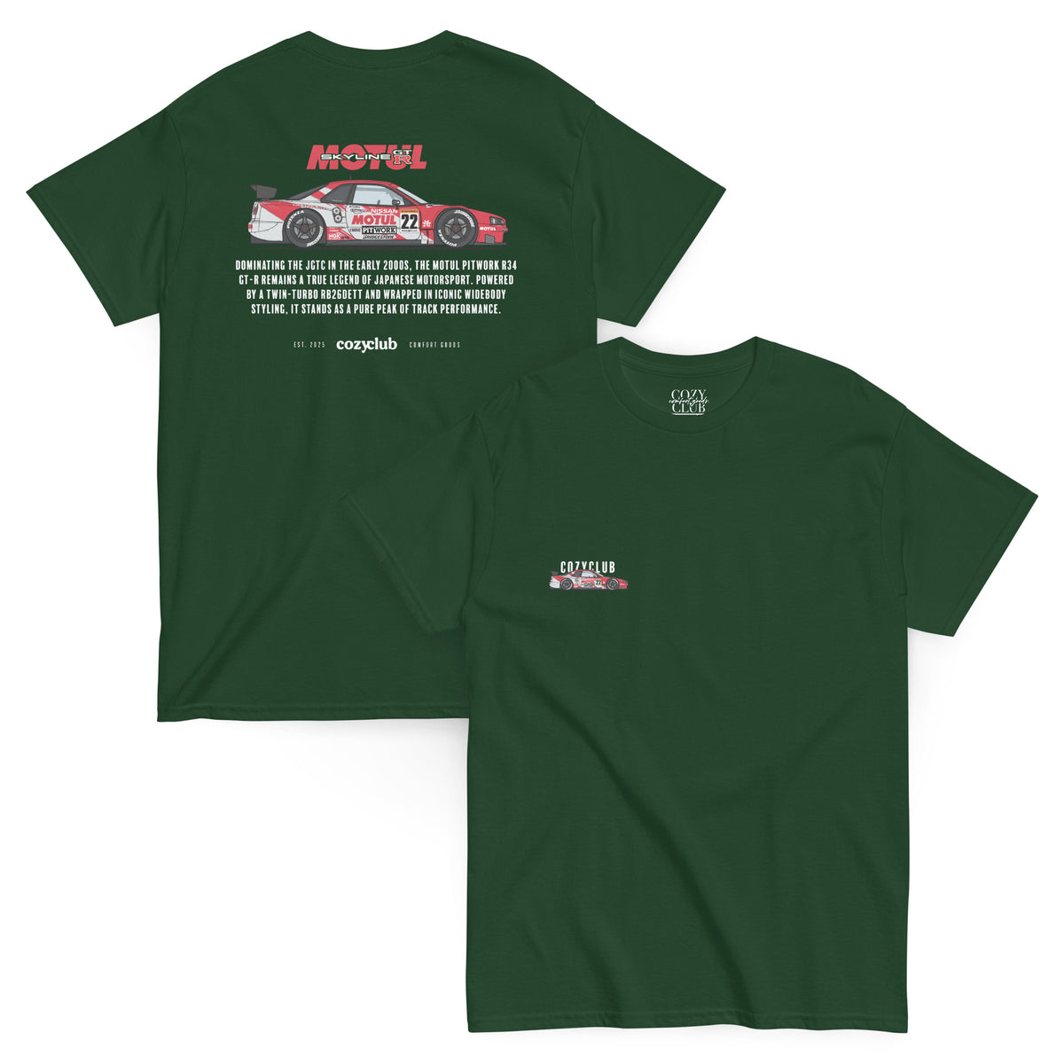Back / Main Graphic Image:

Streetwear t-shirt featuring Motul Pitwork R34 GT-R JGTC GT500 race car vector line art on back with technical typography

Front Chest Detail / Pocket Logo:

Close up front chest logo on Motul Pitwork R34 GT-R racing graphic tee

Lifestyle / Model Shot:

Model wearing Motul Pitwork R34 GT-R vintage Japanese JGTC graphic t-shirt

Flat Lay / Folded View:

Folded t-shirt displaying Motul Pitwork R34 GT-R graphic print and Cozy Club brand neck tag