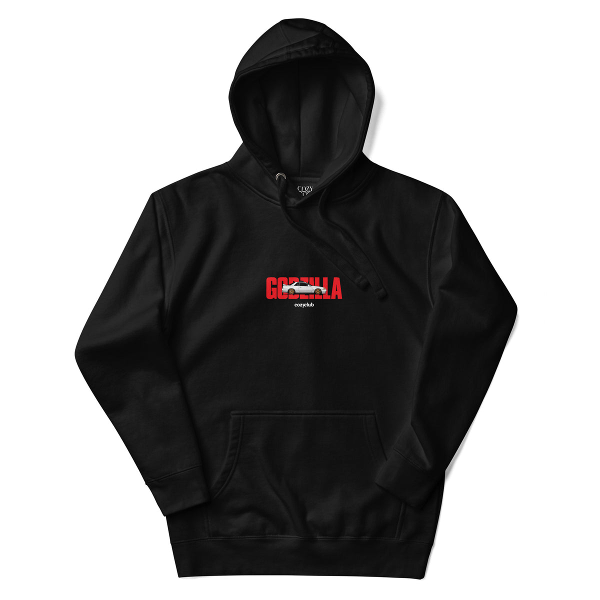 Back / Main Graphic Image:

Streetwear hoodie featuring Nissan Skyline R32 GT-R vector line art on back with RB26DETT Godzilla typography

Front Chest Detail / Pocket Logo:

Close up front chest logo on Nissan Skyline R32 GT-R Godzilla graphic hoodie

Lifestyle / Model Shot:

Model wearing Nissan Skyline R32 GT-R Godzilla vintage JDM graphic hoodie

Flat Lay / Folded View:

Folded hoodie displaying Nissan Skyline R32 GT-R graphic print and Cozy Club brand neck tag