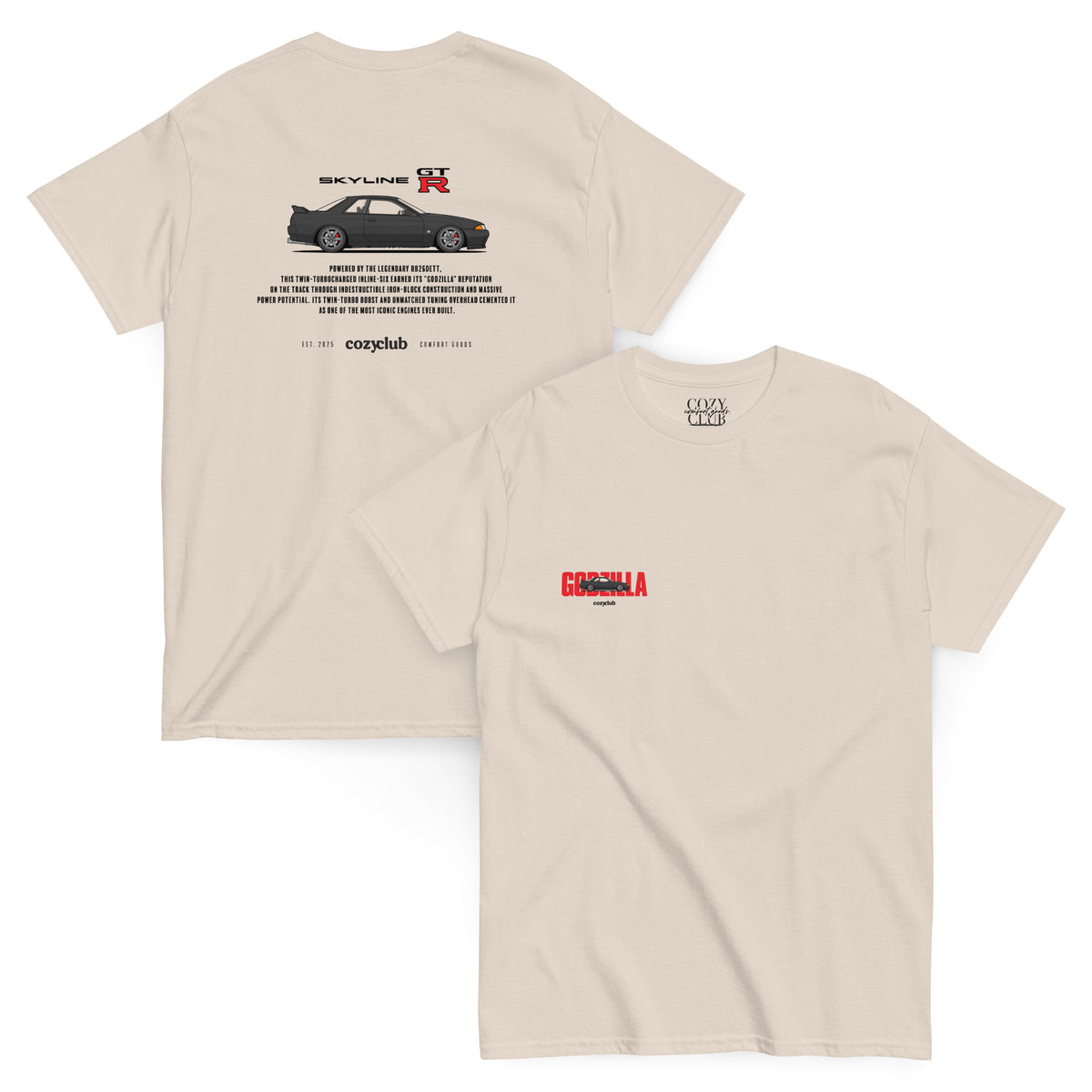Back / Main Graphic Image:

Streetwear t-shirt featuring Nissan Skyline R32 GT-R vector line art on back with RB26DETT Godzilla typography

Front Chest Detail / Pocket Logo:

Close up front chest logo on Nissan Skyline R32 GT-R Godzilla graphic tee

Lifestyle / Model Shot:

Model wearing Nissan Skyline R32 GT-R Godzilla vintage JDM graphic t-shirt

Flat Lay / Folded View:

Folded t-shirt displaying Nissan Skyline R32 GT-R graphic print and Cozy Club brand neck tag