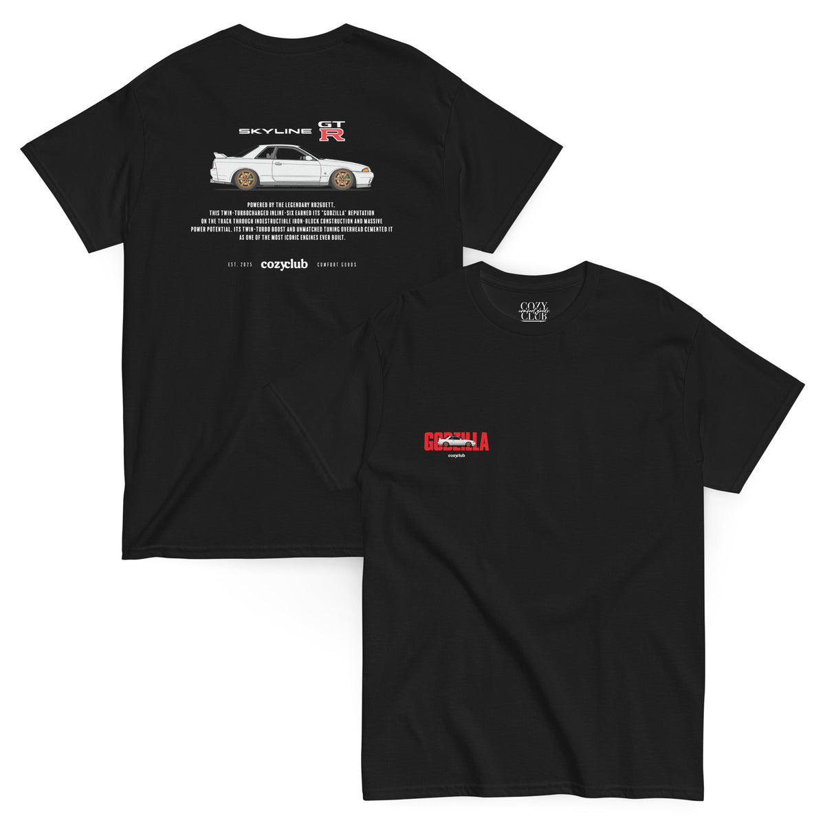 Back / Main Graphic Image:

Streetwear t-shirt featuring Nissan Skyline R32 GT-R vector line art on back with RB26DETT Godzilla typography

Front Chest Detail / Pocket Logo:

Close up front chest logo on Nissan Skyline R32 GT-R Godzilla graphic tee

Lifestyle / Model Shot:

Model wearing Nissan Skyline R32 GT-R Godzilla vintage JDM graphic t-shirt

Flat Lay / Folded View:

Folded t-shirt displaying Nissan Skyline R32 GT-R graphic print and Cozy Club brand neck tag