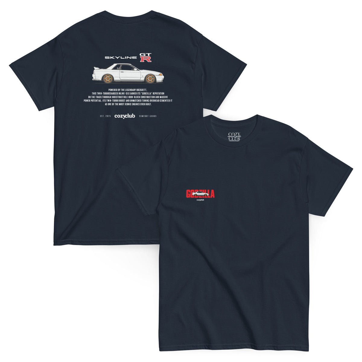 Back / Main Graphic Image:

Streetwear t-shirt featuring Nissan Skyline R32 GT-R vector line art on back with RB26DETT Godzilla typography

Front Chest Detail / Pocket Logo:

Close up front chest logo on Nissan Skyline R32 GT-R Godzilla graphic tee

Lifestyle / Model Shot:

Model wearing Nissan Skyline R32 GT-R Godzilla vintage JDM graphic t-shirt

Flat Lay / Folded View:

Folded t-shirt displaying Nissan Skyline R32 GT-R graphic print and Cozy Club brand neck tag