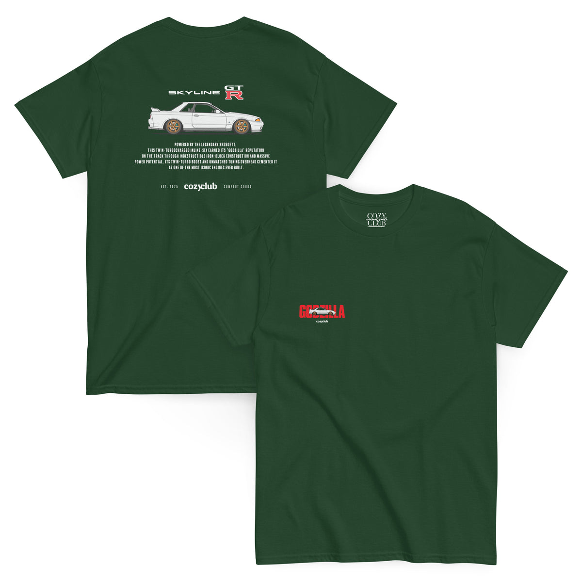 Back / Main Graphic Image:

Streetwear t-shirt featuring Nissan Skyline R32 GT-R vector line art on back with RB26DETT Godzilla typography

Front Chest Detail / Pocket Logo:

Close up front chest logo on Nissan Skyline R32 GT-R Godzilla graphic tee

Lifestyle / Model Shot:

Model wearing Nissan Skyline R32 GT-R Godzilla vintage JDM graphic t-shirt

Flat Lay / Folded View:

Folded t-shirt displaying Nissan Skyline R32 GT-R graphic print and Cozy Club brand neck tag