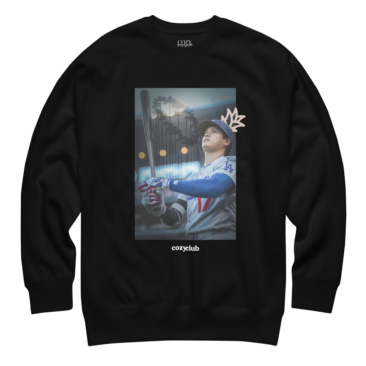 Back / Main Graphic Image:

Streetwear sweatshirt featuring graphic print of Shohei Ohtani number 17 with palm tree trophy stadium backdrop and Cozy Club branding

Front Chest Detail / Pocket Logo:

Close up front chest logo on Shohei Ohtani number 17 palm tree trophy graphic sweatshirt

Lifestyle / Model Shot:

Model wearing Shohei Ohtani number 17 palm tree trophy graphic sweatshirt

Flat Lay / Folded View:

Folded sweatshirt displaying Shohei Ohtani graphic print and Cozy Club brand neck tag