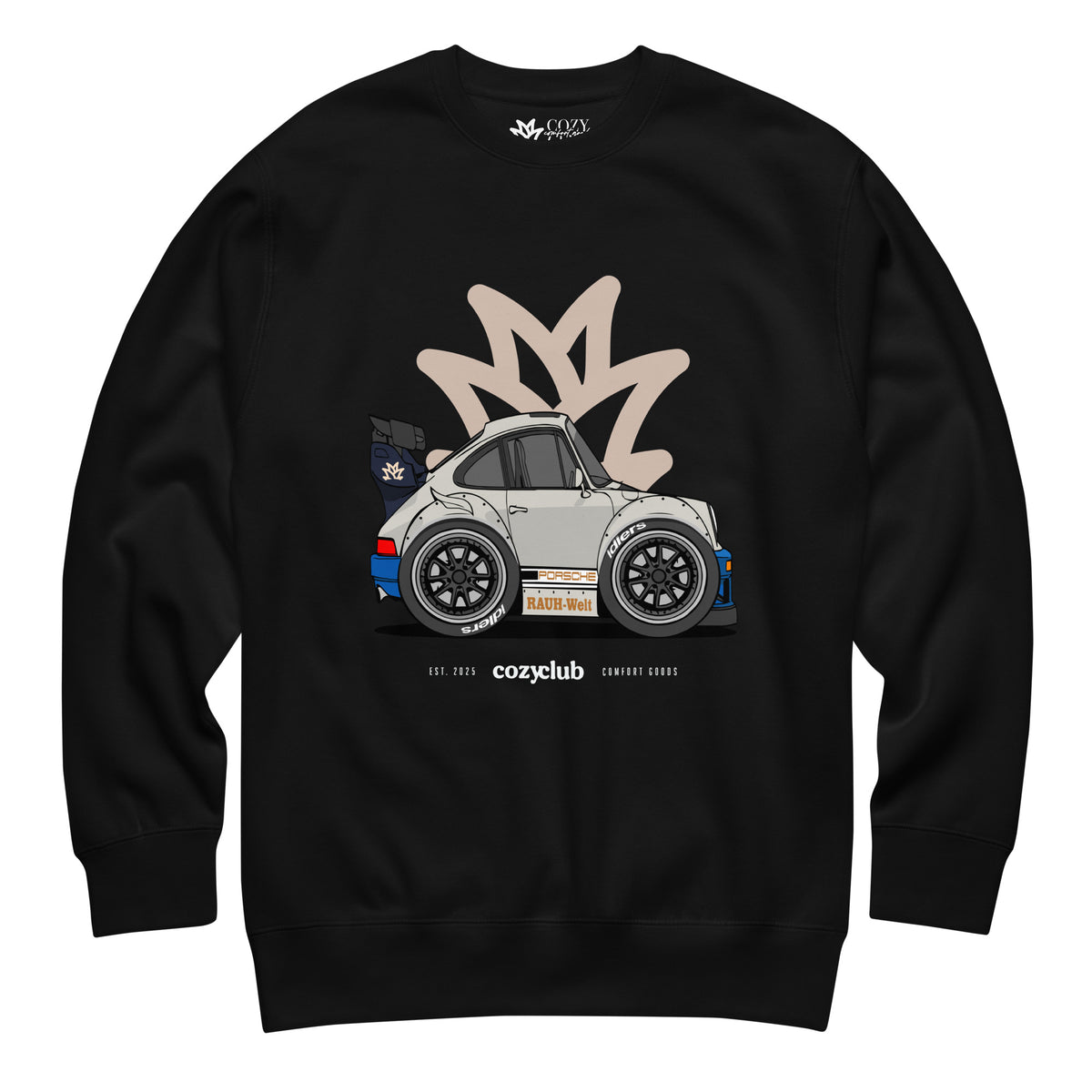 Streetwear crewneck sweatshirt featuring squished chibi cartoon RWB Porsche 911 widebody sports car vector illustration on front