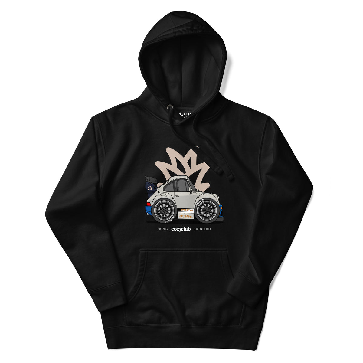 Streetwear hoodie featuring squished chibi cartoon RWB Porsche 911 widebody sports car vector illustration on front