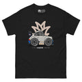 Streetwear t-shirt featuring squished chibi cartoon RWB Porsche 911 widebody sports car vector illustration on front