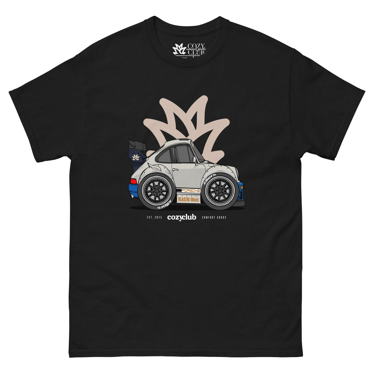 Streetwear t-shirt featuring squished chibi cartoon RWB Porsche 911 widebody sports car vector illustration on front