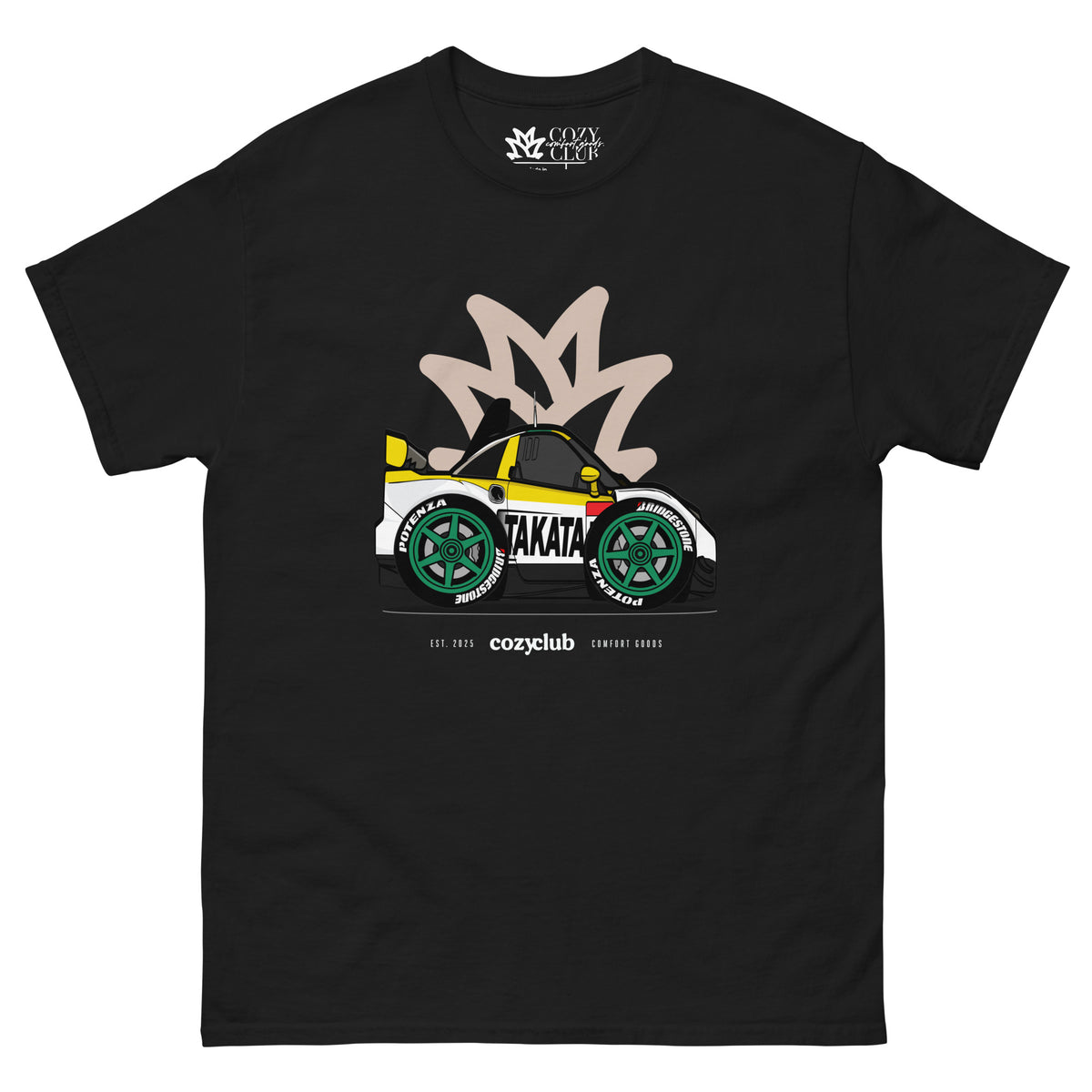 Streetwear t-shirt featuring squished chibi cartoon Takata Dome NSX GT Super GT race car vector illustration on front