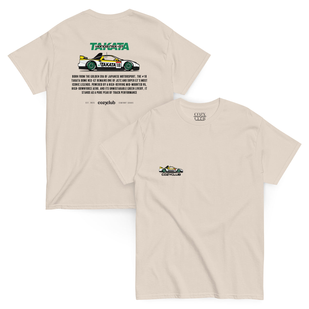 Back / Main Graphic Image:

Streetwear t-shirt featuring Takata Dome NSX-GT GT500 Super GT race car vector line art on back with technical typography

Front Chest Detail / Pocket Logo:

Close up front chest logo on Takata Dome NSX-GT GT500 racing graphic tee

Lifestyle / Model Shot:

Model wearing Takata Dome NSX-GT GT500 vintage Japanese Super GT graphic t-shirt

Flat Lay / Folded View:

Folded t-shirt displaying Takata Dome NSX-GT graphic print and Cozy Club brand neck tag