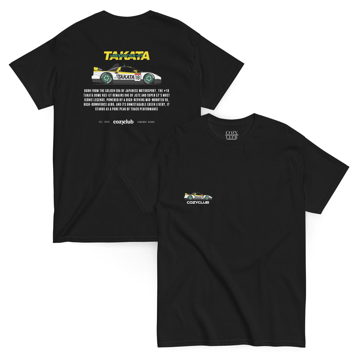 Back / Main Graphic Image:

Streetwear t-shirt featuring Takata Dome NSX-GT GT500 Super GT race car vector line art on back with technical typography

Front Chest Detail / Pocket Logo:

Close up front chest logo on Takata Dome NSX-GT GT500 racing graphic tee

Lifestyle / Model Shot:

Model wearing Takata Dome NSX-GT GT500 vintage Japanese Super GT graphic t-shirt

Flat Lay / Folded View:

Folded t-shirt displaying Takata Dome NSX-GT graphic print and Cozy Club brand neck tag