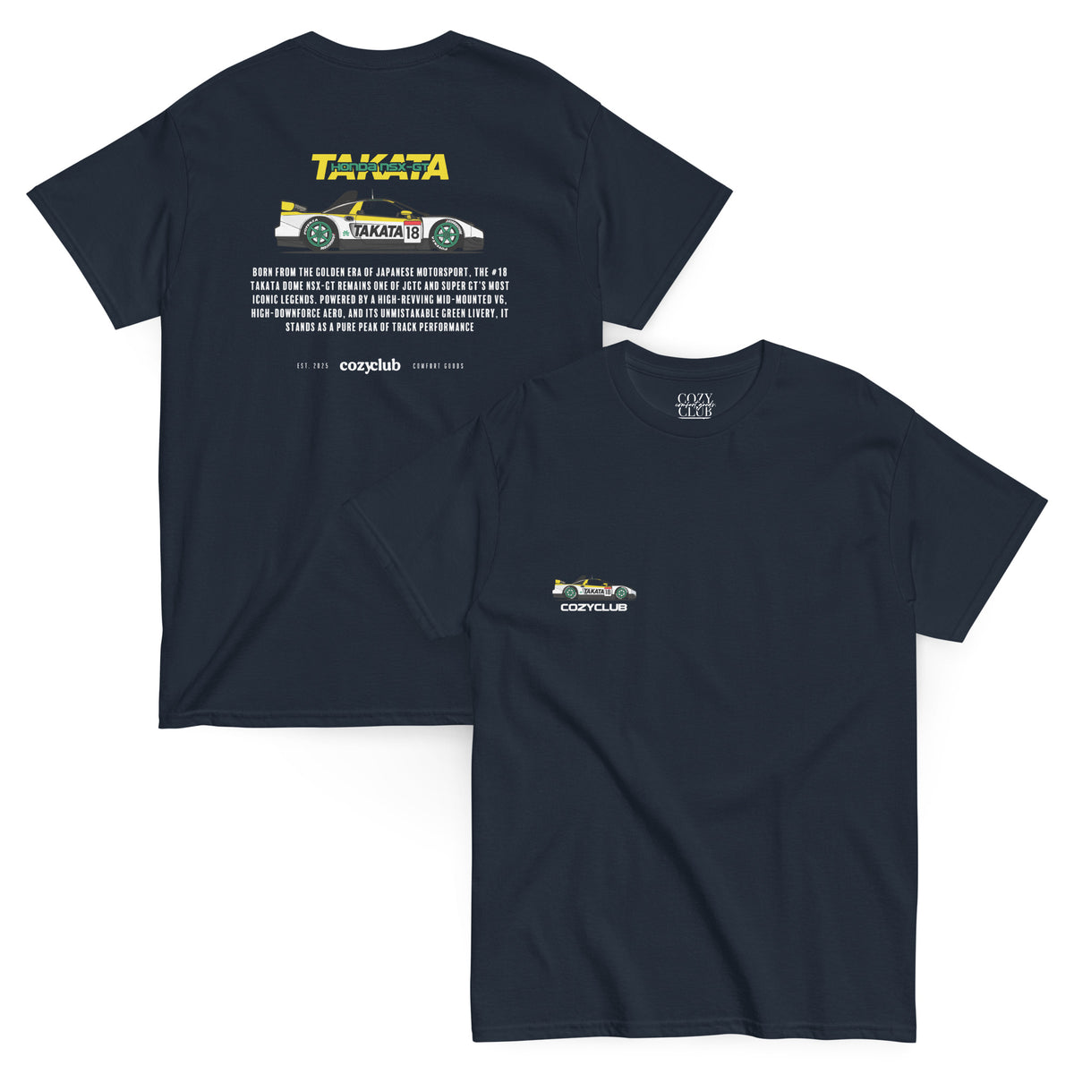 Back / Main Graphic Image:

Streetwear t-shirt featuring Takata Dome NSX-GT GT500 Super GT race car vector line art on back with technical typography

Front Chest Detail / Pocket Logo:

Close up front chest logo on Takata Dome NSX-GT GT500 racing graphic tee

Lifestyle / Model Shot:

Model wearing Takata Dome NSX-GT GT500 vintage Japanese Super GT graphic t-shirt

Flat Lay / Folded View:

Folded t-shirt displaying Takata Dome NSX-GT graphic print and Cozy Club brand neck tag