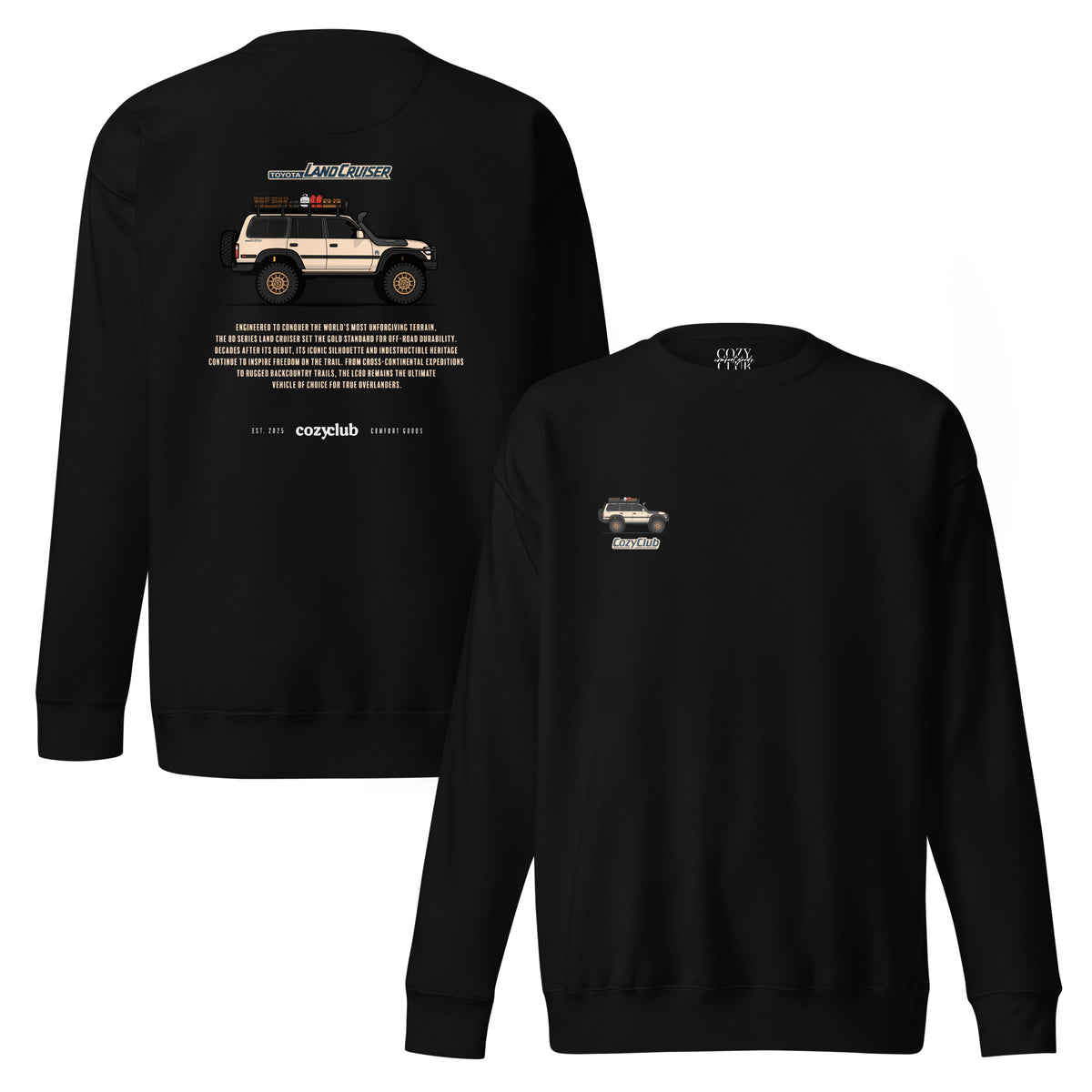 Main Back Graphic:

streetwear sweatshirt with white Toyota Land Cruiser LC80 80 Series vector line art on back and chest pocket graphic

Front Chest Detail / Pocket Logo:

Close up chest pocket logo on Toyota Land Cruiser LC80 4x4 graphic sweatshirt

Lifestyle / Model Shot:

Model wearing Toyota Land Cruiser LC80 80 Series overlanding graphic sweatshirt

Flat Lay / Folded View:

Folded sweatshirt showing Toyota Land Cruiser LC80 4x4 vector artwork