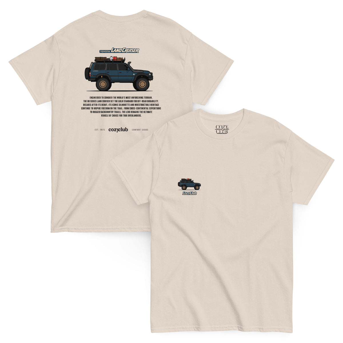 Main Back Graphic:

Black streetwear t-shirt with white Toyota Land Cruiser LC80 80 Series vector line art on back and chest pocket graphic

Front Chest Detail / Pocket Logo:

Close up chest pocket logo on black Toyota Land Cruiser LC80 4x4 graphic tee

Lifestyle / Model Shot:

Model wearing black Toyota Land Cruiser LC80 80 Series overlanding graphic t-shirt

Flat Lay / Folded View:

Folded black t-shirt showing Toyota Land Cruiser LC80 4x4 vector artwork