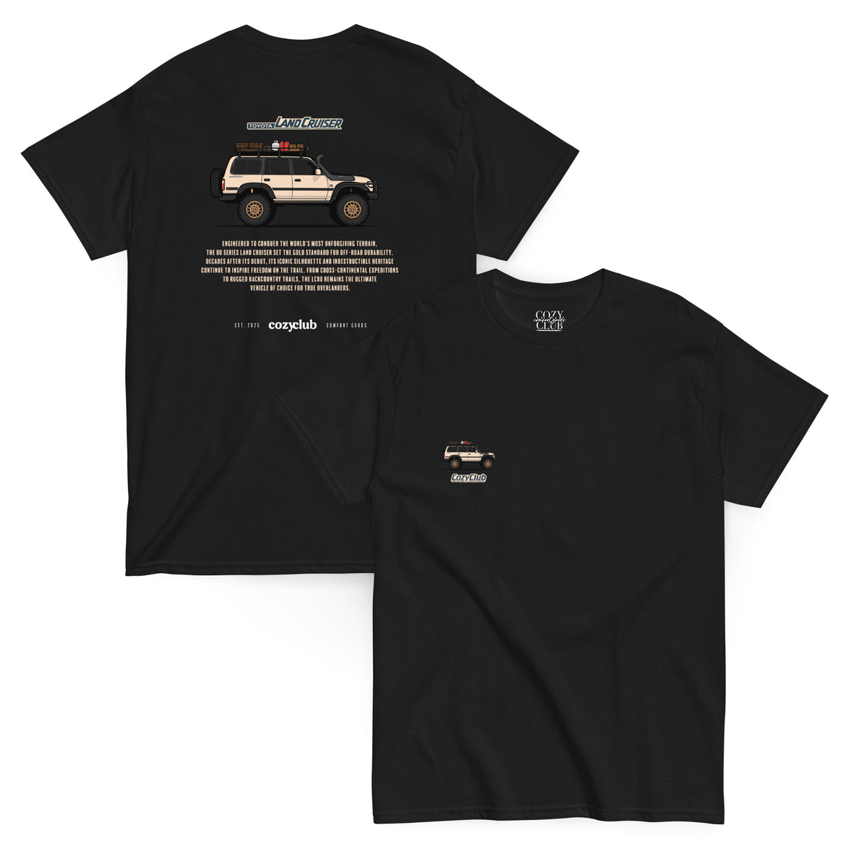 Main Back Graphic:

Black streetwear t-shirt with white Toyota Land Cruiser LC80 80 Series vector line art on back and chest pocket graphic

Front Chest Detail / Pocket Logo:

Close up chest pocket logo on black Toyota Land Cruiser LC80 4x4 graphic tee

Lifestyle / Model Shot:

Model wearing black Toyota Land Cruiser LC80 80 Series overlanding graphic t-shirt

Flat Lay / Folded View:

Folded black t-shirt showing Toyota Land Cruiser LC80 4x4 vector artwork