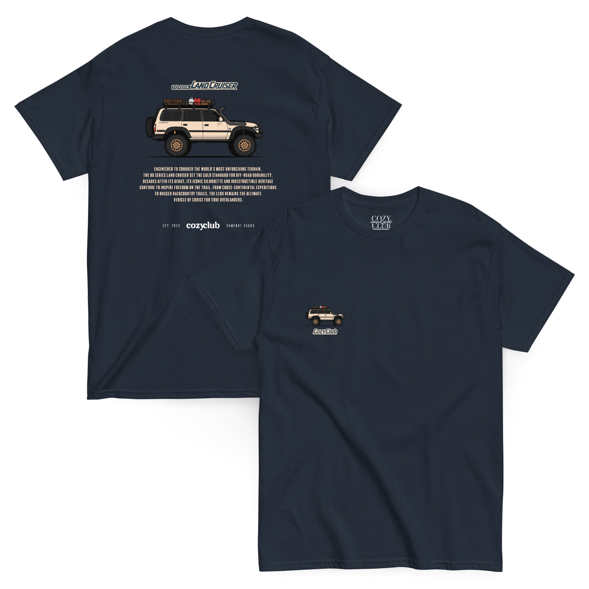 Main Back Graphic:

Black streetwear t-shirt with white Toyota Land Cruiser LC80 80 Series vector line art on back and chest pocket graphic

Front Chest Detail / Pocket Logo:

Close up chest pocket logo on black Toyota Land Cruiser LC80 4x4 graphic tee

Lifestyle / Model Shot:

Model wearing black Toyota Land Cruiser LC80 80 Series overlanding graphic t-shirt

Flat Lay / Folded View:

Folded black t-shirt showing Toyota Land Cruiser LC80 4x4 vector artwork