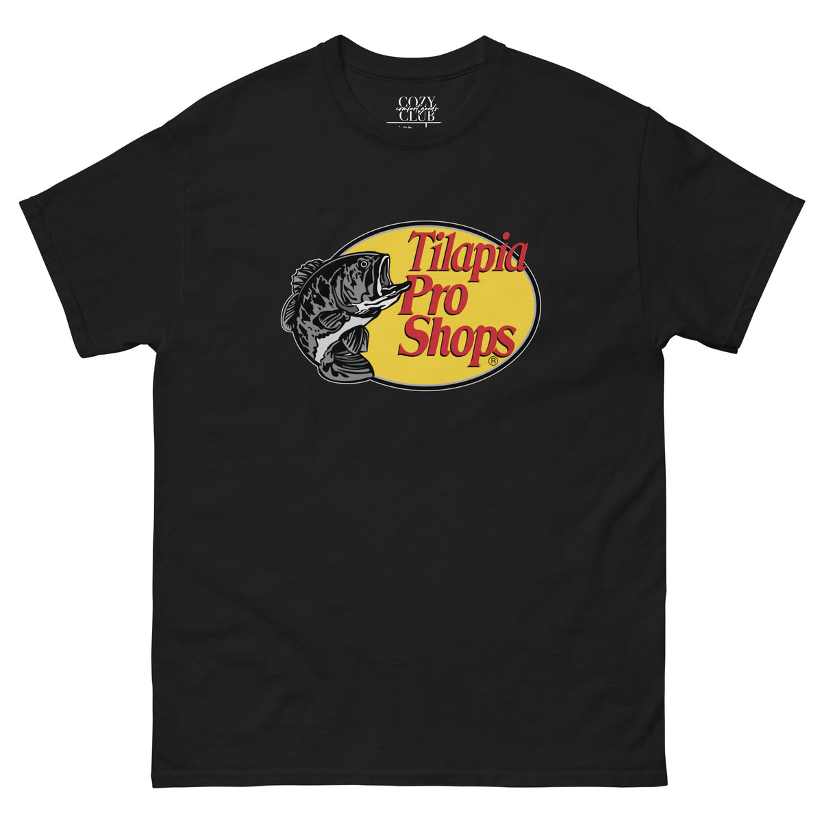 Back / Main Graphic Image:

Streetwear t-shirt featuring Tilapia Pro Shops outdoor badge parody graphic with Cozy Club typography

Front Chest Detail / Pocket Logo:

Close up front chest logo on Tilapia Pro Shops outdoor parody graphic tee

Lifestyle / Model Shot:

Model wearing Tilapia Pro Shops outdoor parody graphic t-shirt

Flat Lay / Folded View:

Folded t-shirt displaying Tilapia Pro Shops parody graphic print and Cozy Club brand neck tag