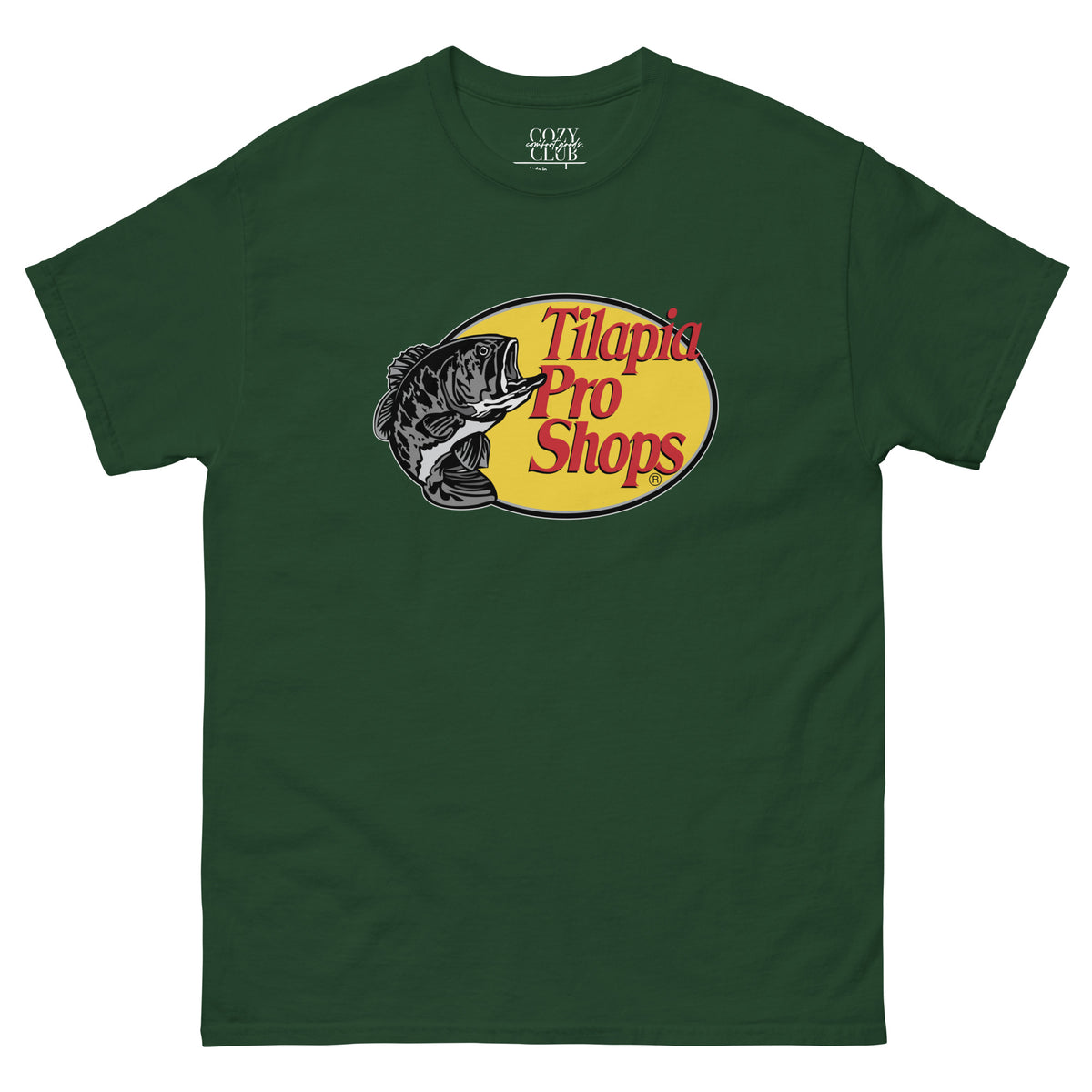Back / Main Graphic Image:

Streetwear t-shirt featuring Tilapia Pro Shops outdoor badge parody graphic with Cozy Club typography

Front Chest Detail / Pocket Logo:

Close up front chest logo on Tilapia Pro Shops outdoor parody graphic tee

Lifestyle / Model Shot:

Model wearing Tilapia Pro Shops outdoor parody graphic t-shirt

Flat Lay / Folded View:

Folded t-shirt displaying Tilapia Pro Shops parody graphic print and Cozy Club brand neck tag