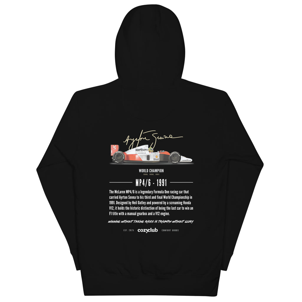 Ayrton Senna MP4/6 F1 Graphic Hoodie - Vintage Honda V12 Racing Hoodie