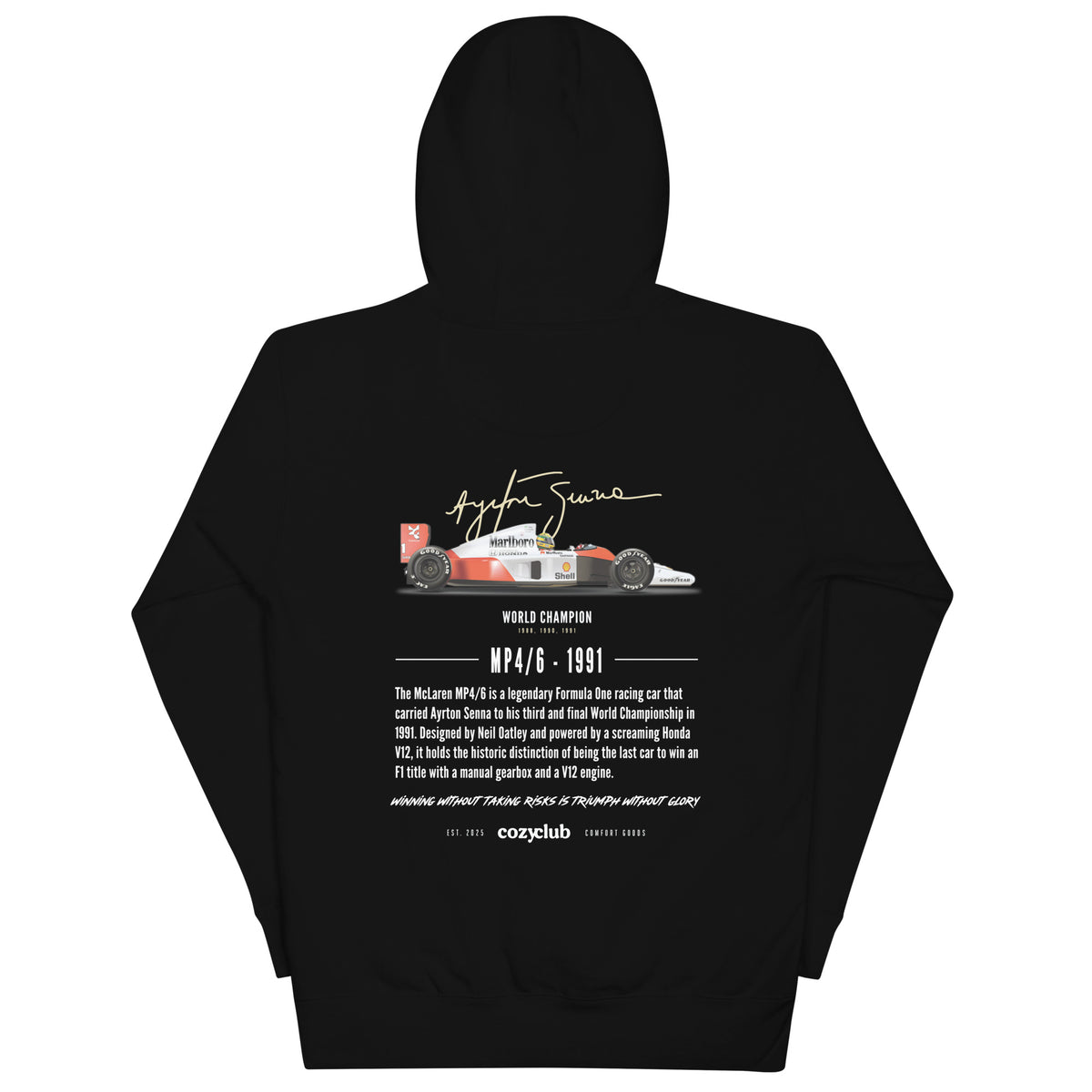 Ayrton Senna MP4/6 F1 Graphic Hoodie - Vintage Honda V12 Racing Hoodie
