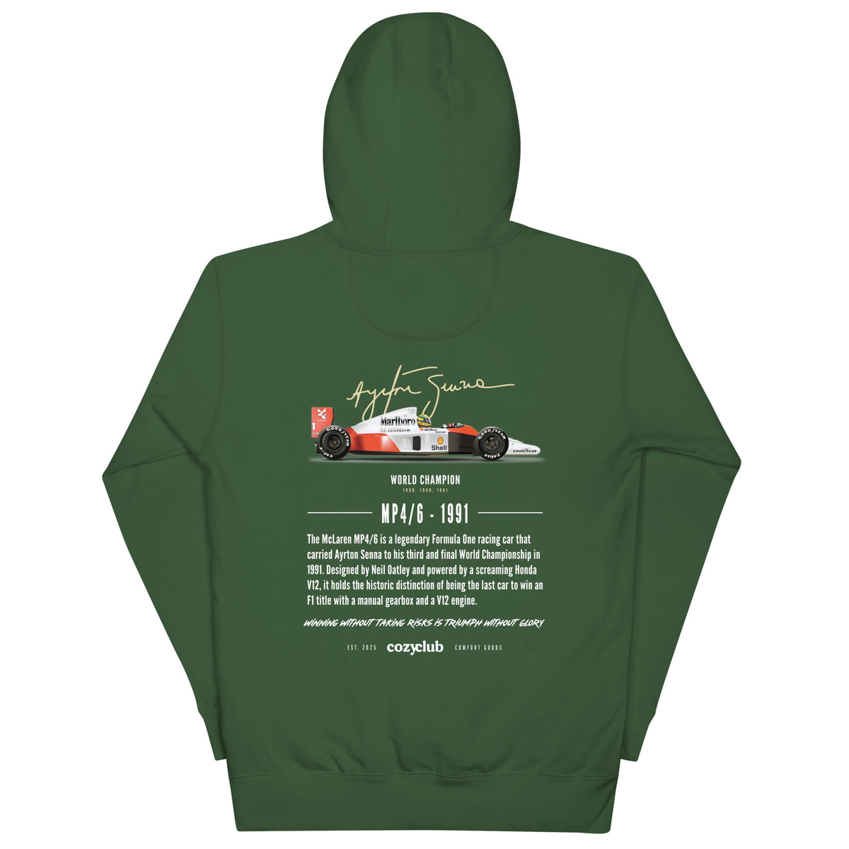 Ayrton Senna MP4/6 F1 Graphic Hoodie - Vintage Honda V12 Racing Hoodie