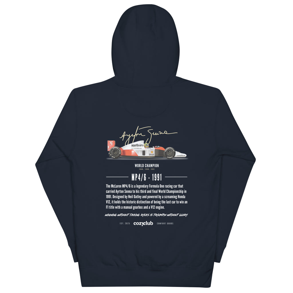 Ayrton Senna MP4/6 F1 Graphic Hoodie - Vintage Honda V12 Racing Hoodie