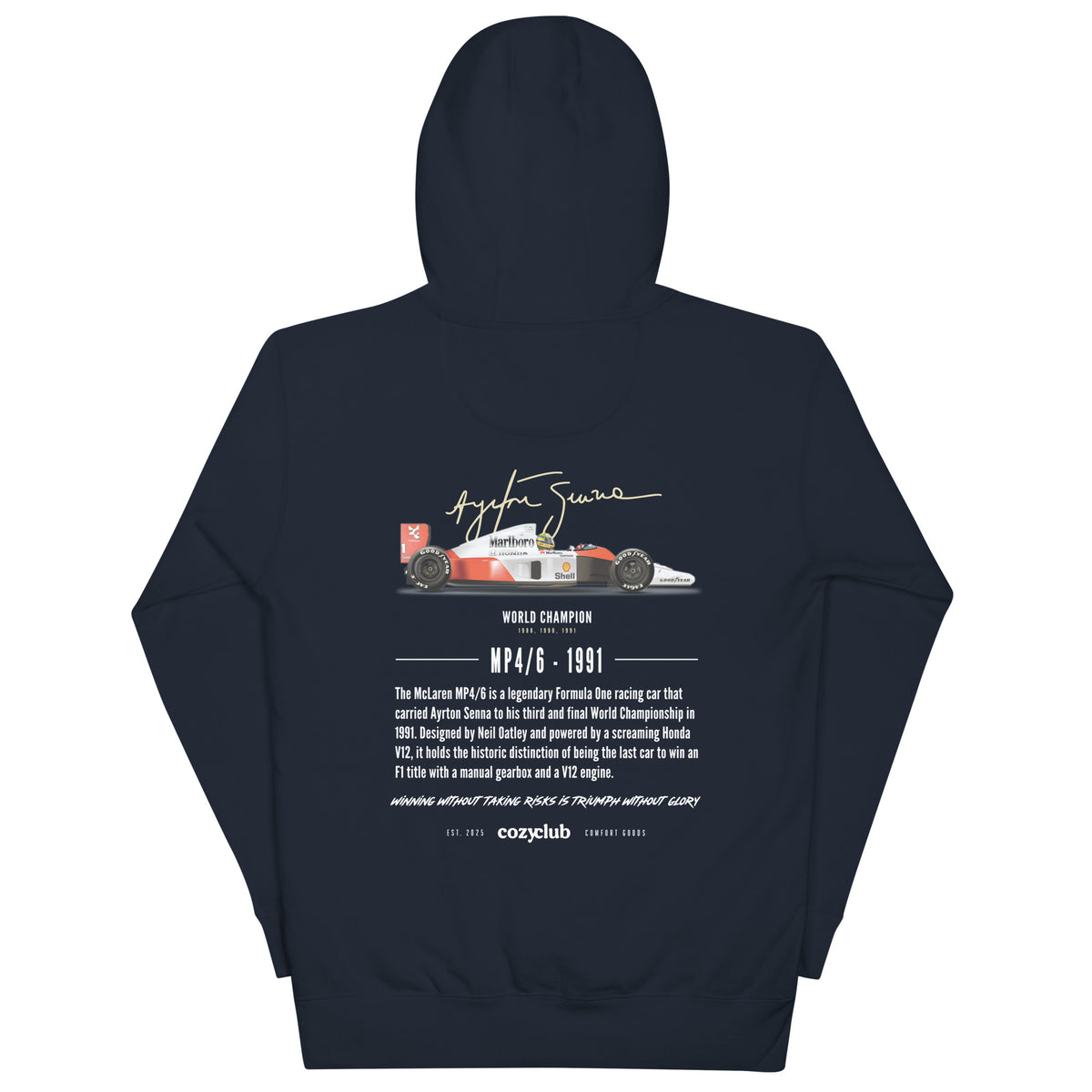 Ayrton Senna MP4/6 F1 Graphic Hoodie - Vintage Honda V12 Racing Hoodie