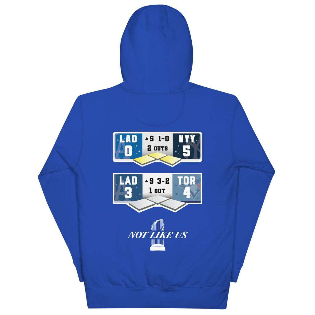 2024/2025 Dodgers Back to Back Champions Graphic Hoodie - World Series Scoreboard Hoodie